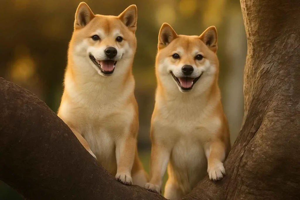 Dos perros Shiba Inu sonrientes sobre un árbol al atardecer en un parque natural