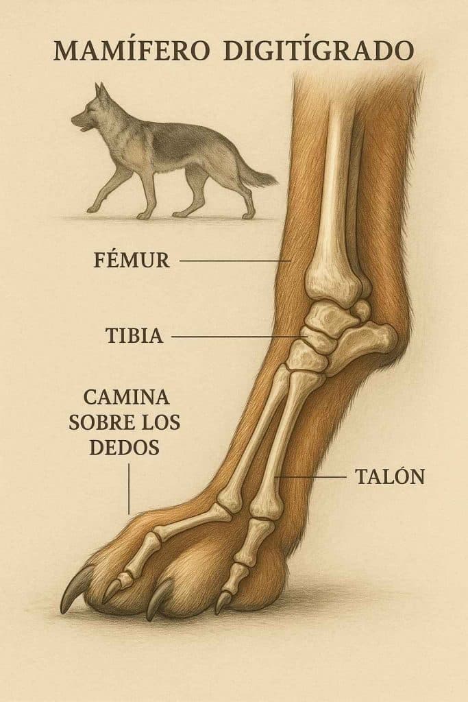 Diagrama anatómico del perro mostrando huesos como el fémur, tibia y dedos, explicando que es un mamífero digitígrado