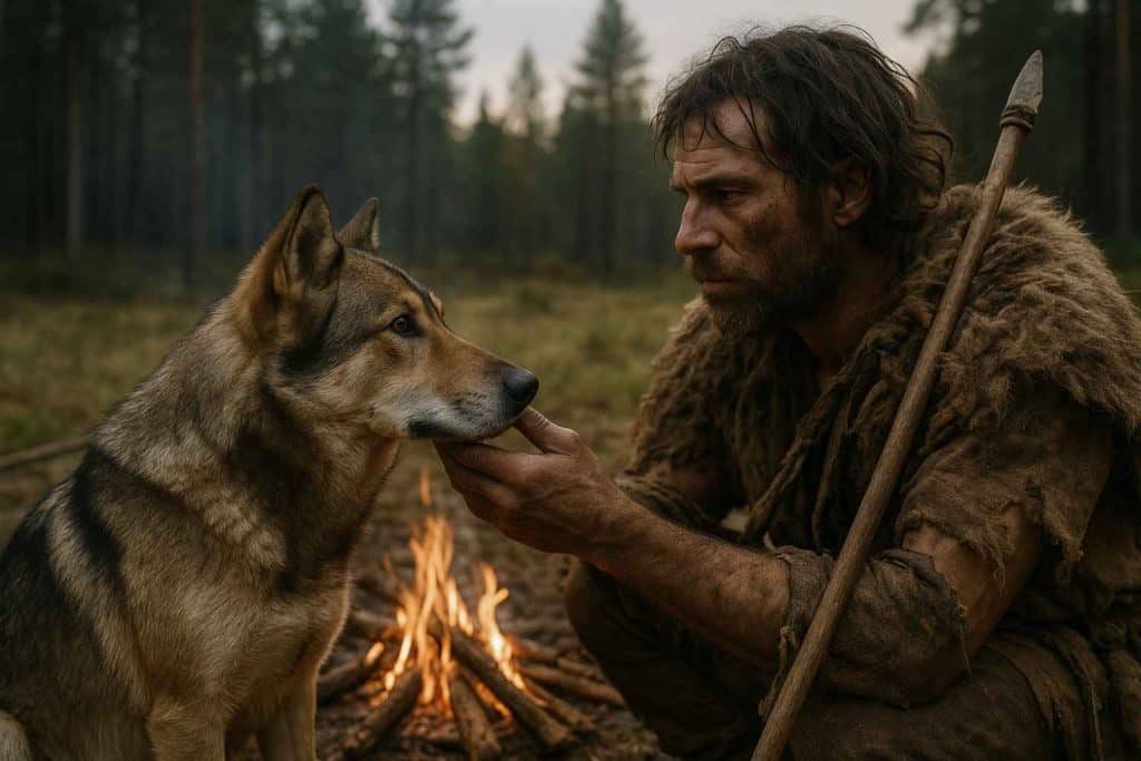 Hombre prehistórico interactuando con un perro tipo lobo junto a una fogata en el bosque