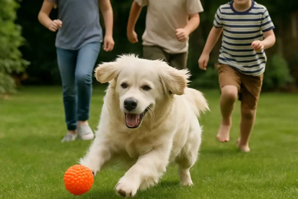 Un perro Golden Retriever disfrutando de la vida moderna: juegos, compañía y felicidad — Imagen