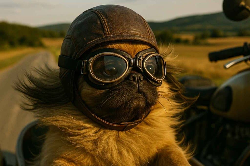 Perro pequeño con casco y gafas de aviador disfrutando de un paseo en moto por el campo