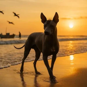 Perro Calvo Dorado Ecuatoriano caminando por la playa al atardecer en la costa del Pacífico – mundodog.es 