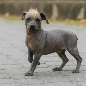 Cachorro de perro sin pelo boliviano con cresta rubia caminando sobre calle adoquinada – mundodog.es 