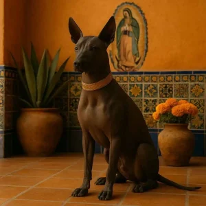 Xoloitzcuintle perro sin pelo en un entorno cultural mexicano con flores y cerámica – mundodog.es 