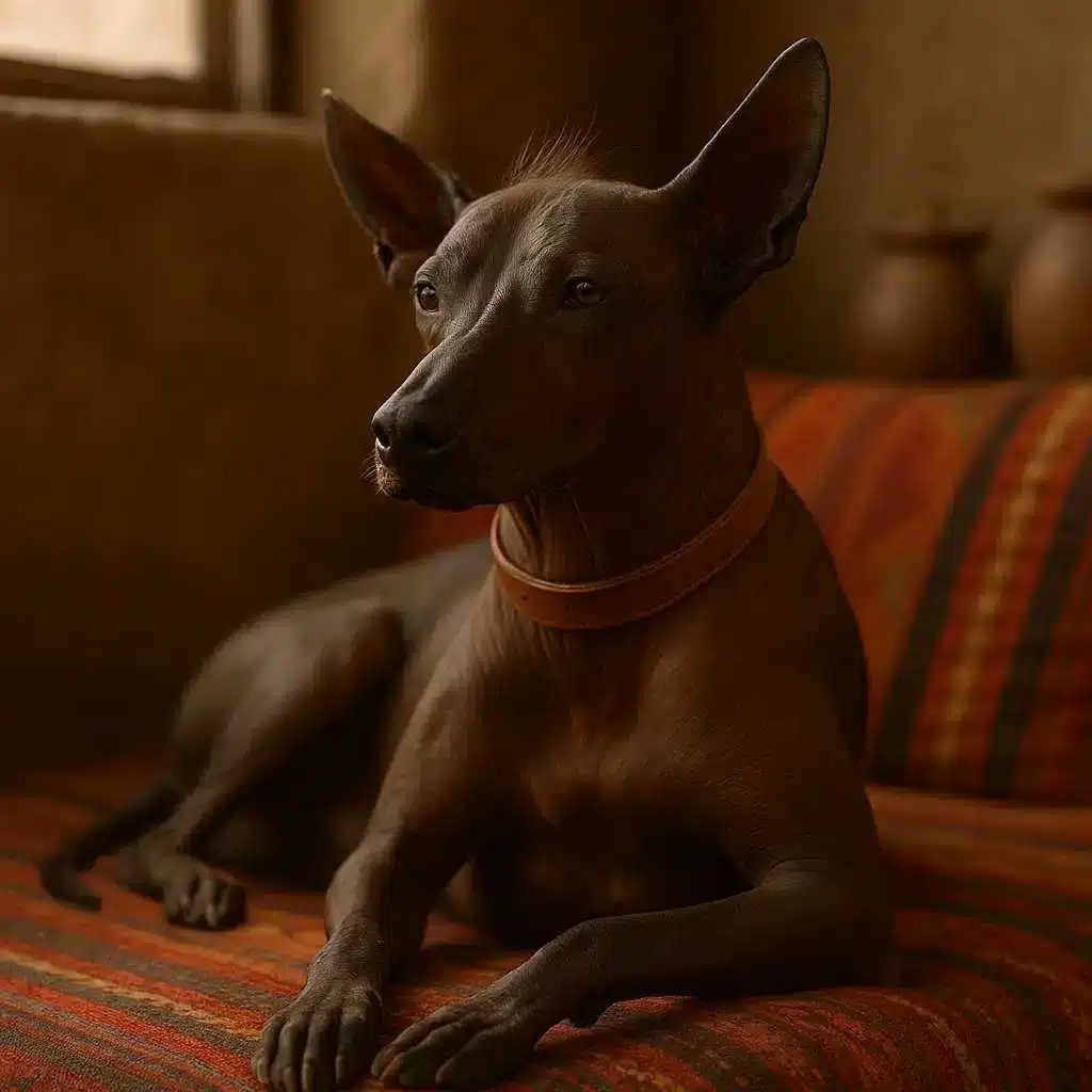 alt="Xoloitzcuintle perro mexicano sin pelo descansando sobre un sofá rústico – mundodog.es"