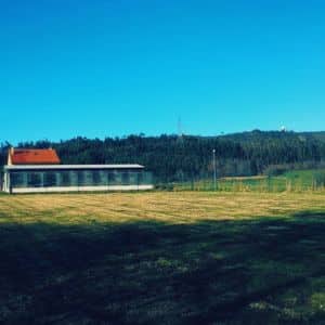 Vista de las instalaciones de la Residencia Canina CanGal rodeadas de amplios campos y naturaleza bajo un cielo despejado.