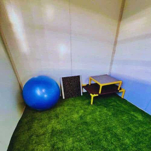 Área de entrenamiento en la Residencia Canina Las Cortes en Burgos, equipada con pelota de ejercicio, plataforma y césped artificial para actividades caninas.