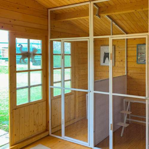 Interior de una caseta de madera con compartimentos para gatos en la guardería canina Cecapa en Santander.