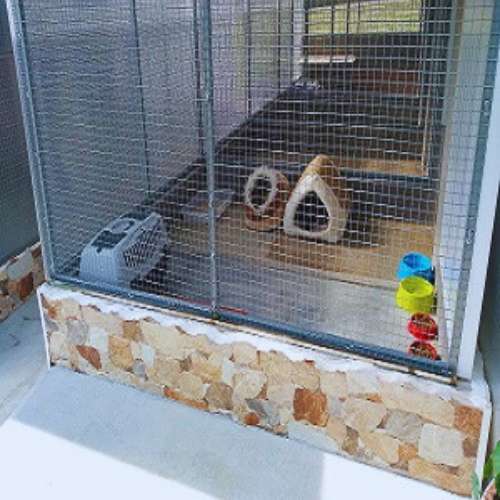 Habitación individual para mascotas en la Residencia Can Planet, Girona, equipada con casetas y accesorios.