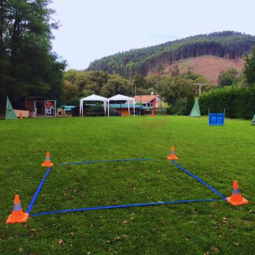 Zona de entrenamiento al aire libre en la Guardería Canina Aiartza, Bilbao, equipada para actividades y ejercicios de perros.