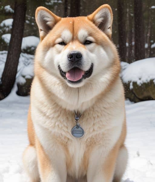 Perro Akita Inu sentado en un paisaje nevado japonés, rodeado de árboles y rocas cubiertas de nieve. Imagen de www.mundodog.es.