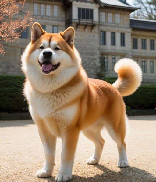 Perro Akita Inu frente a un palacio tradicional japonés en primavera, con flores de cerezo comenzando a florecer y arquitectura clásica en el fondo. Imagen de www.mundodog.es.