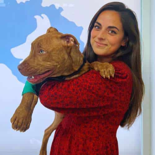 Mujer sonriendo mientras sostiene un perro en brazos, en la Clínica Veterinaria en Málaga.