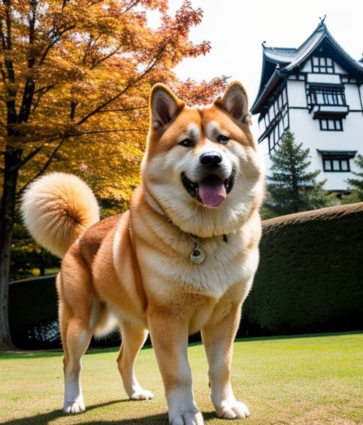 Perro Akita Inu japonés posando en un jardín con arquitectura tradicional de fondo. Imagen de www.mundodog.es