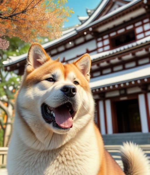 Perro Akita Inu frente a un templo tradicional japonés en otoño, con hojas coloridas y arquitectura clásica en segundo plano. Imagen de www.mundodog.es