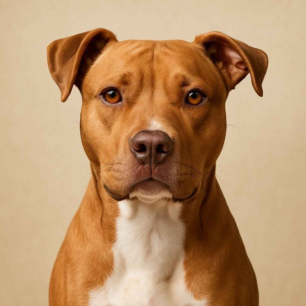 Primer plano de un American Pit Bull Terrier de pelaje marrón rojizo con pecho blanco