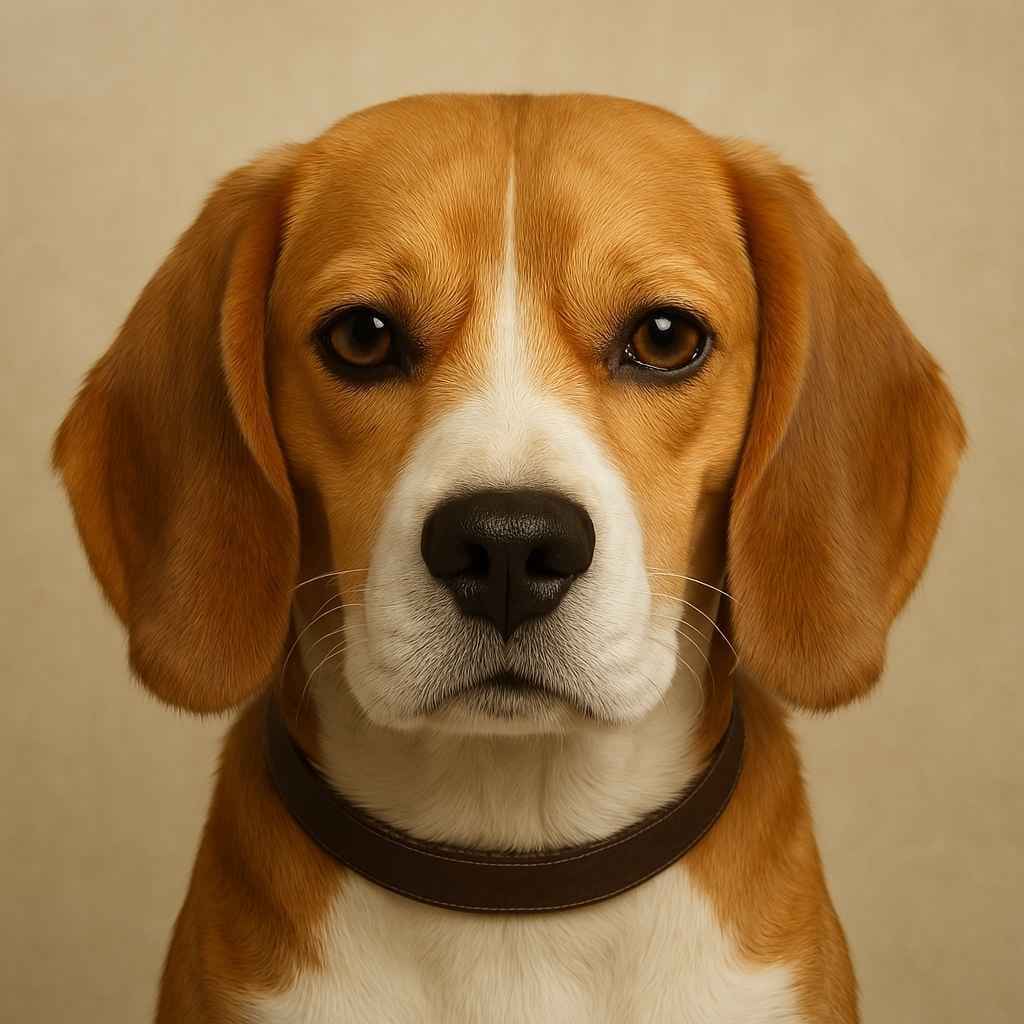 Beagle de pelaje tricolor mirando al frente, raza mediana con carácter afectuoso