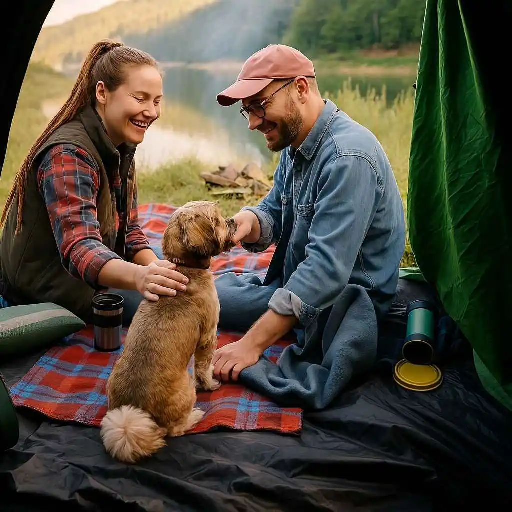 Pareja disfrutando de una acampada junto a su perro en una tienda de campaña frente al lago – Camping con mascotas en 2025 | MundoDog.es