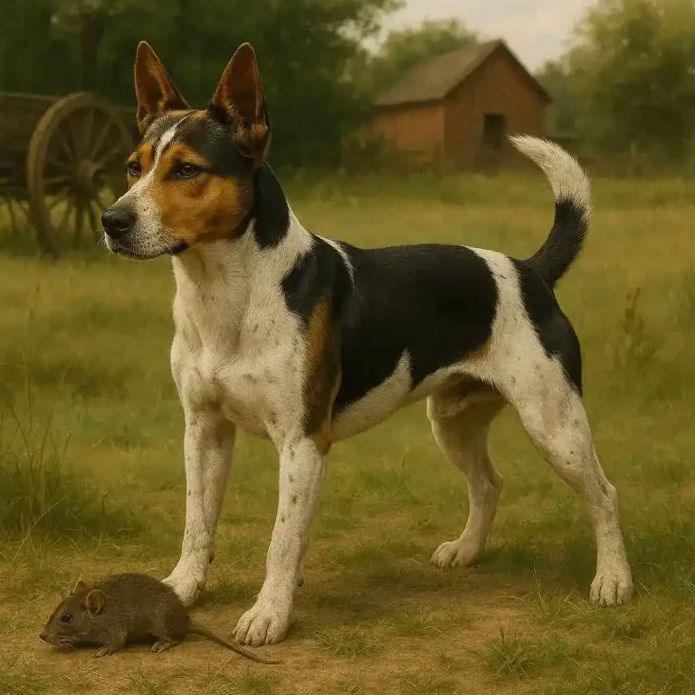 Decker Rat Terrier de pie junto a una rata cazada, en un campo con cabaña al fondo