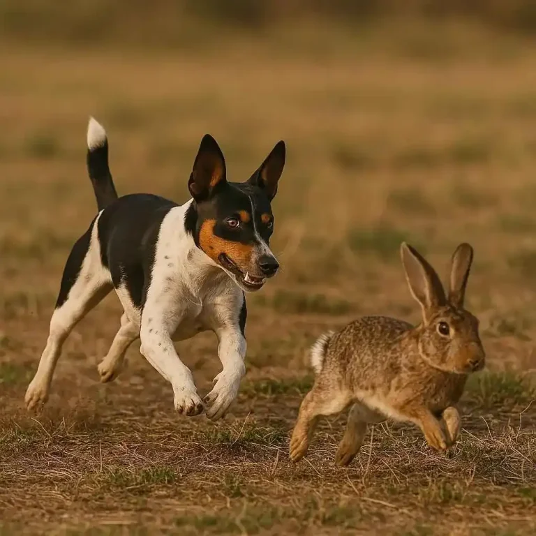 Decker Terrier en acción persiguiendo una liebre a toda velocidad sobre terreno seco