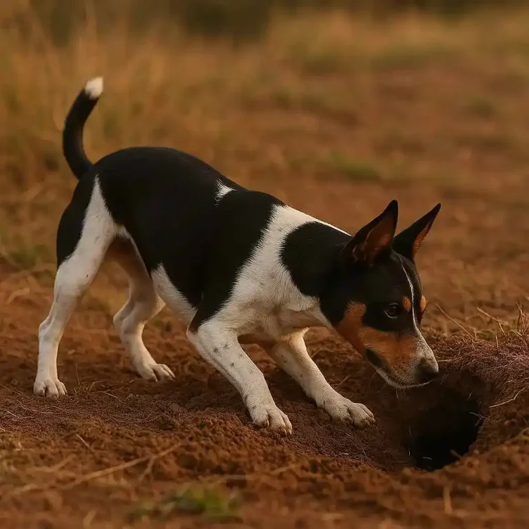 Decker Terrier olfateando una madriguera en la tierra seca al atardecer
