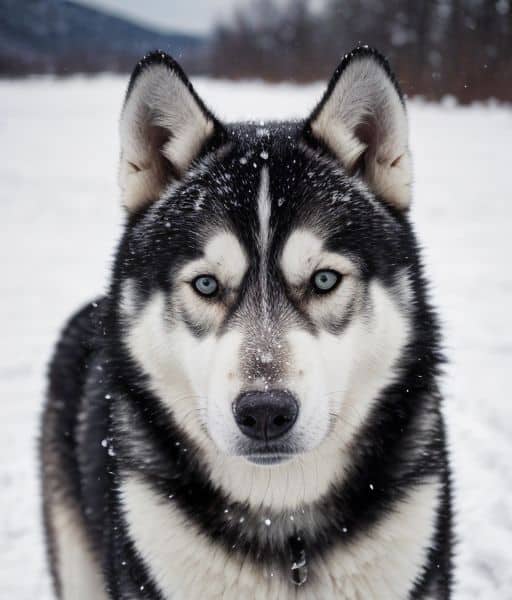 Primer plano de un Husky Siberiano de pelaje negro y blanco con ojos azules en un paisaje nevado. Imagen de www.mundodog.es.