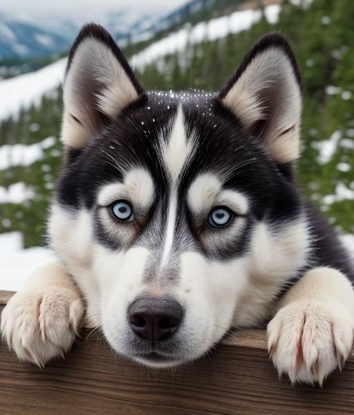 Husky Siberiano con ojos azules apoyado en una valla de madera con fondo nevado.