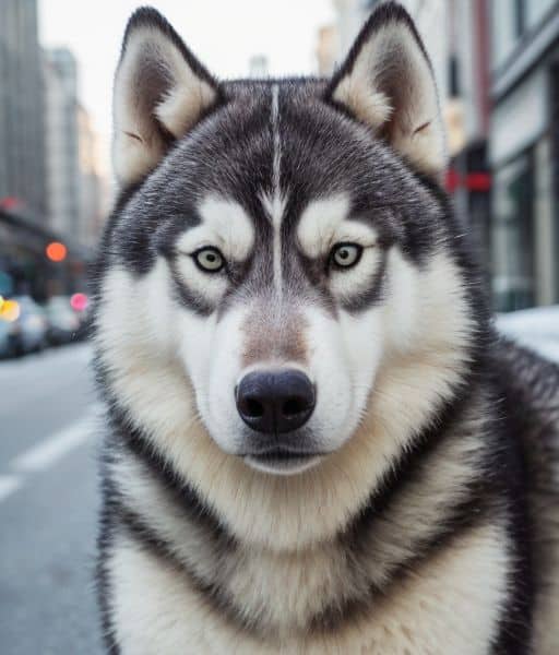 Primer plano de un Husky Siberiano de pelaje gris y blanco con ojos azules en una calle de ciudad. Imagen de www.mundodog.es.
