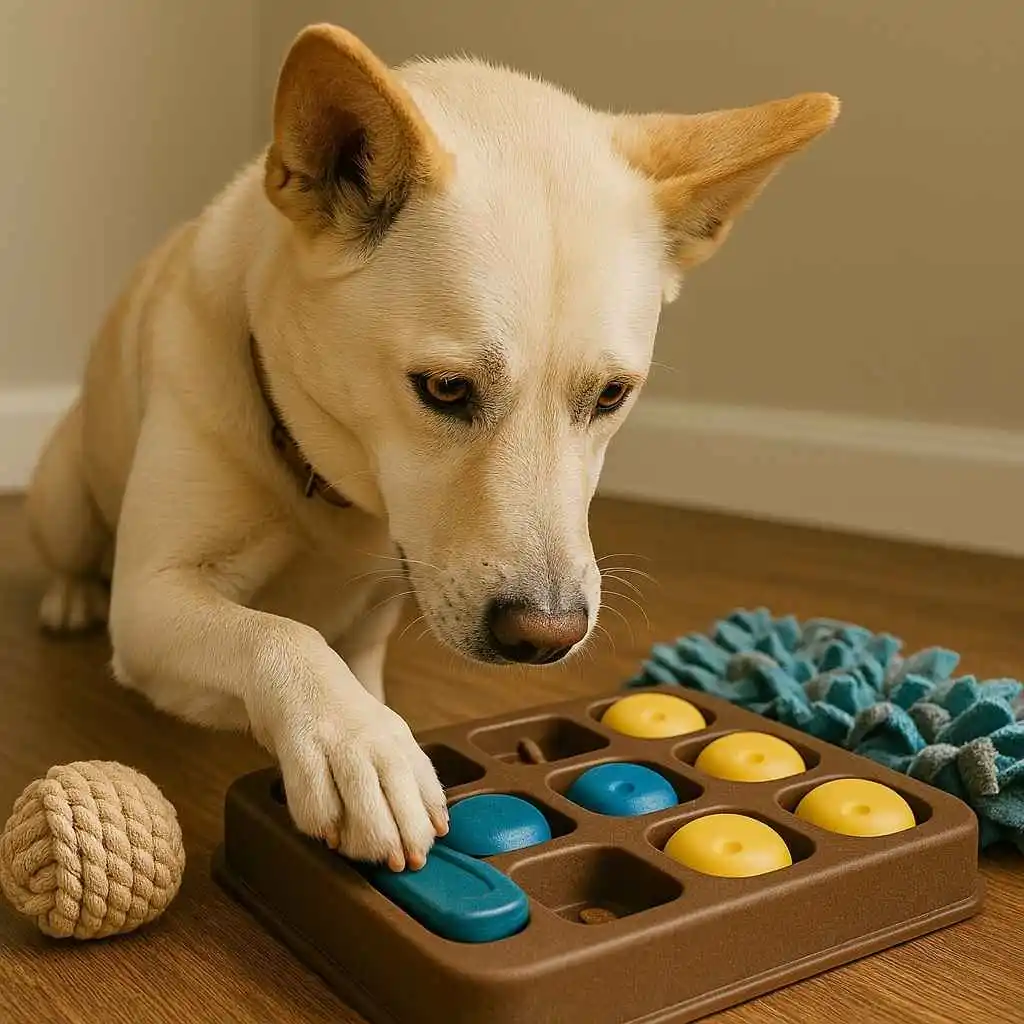 Perro resolviendo un rompecabezas interactivo con la pata – Juegos mentales para perros en casa 2025 | MundoDog.es