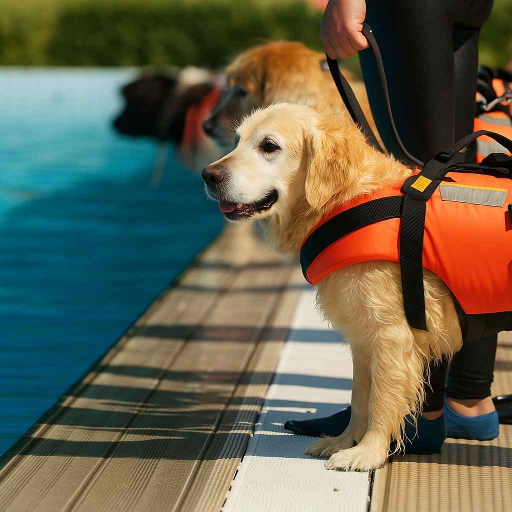 Golden Retriever con chaleco salvavidas junto a una piscina, listo para nadar – Actividades acuáticas para perros en 2025 | MundoDog.es