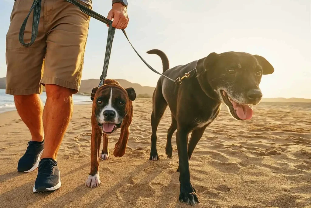 Dos perros caminando junto a su dueño en la playa al atardecer – Paseo relajante en verano 2025 | MundoDog.es