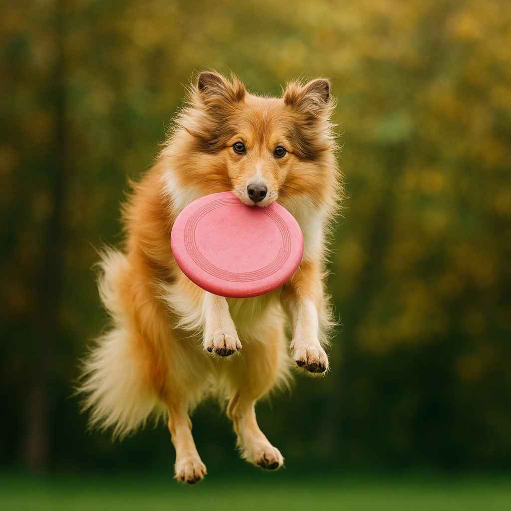 Perro raza Shetland Saltando y Atrayendo un Frisbee Rosa en el Aire – Actividad outdoor divertida en 2025 | MundoDog.es