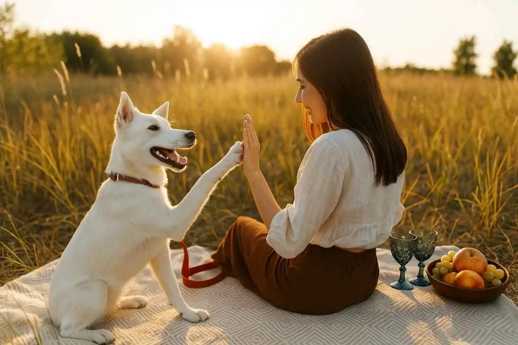Mujer joven haciendo un picnic con su perro blanco al atardecer en el campo – Actividad tranquila al aire libre 2025 | MundoDog.es