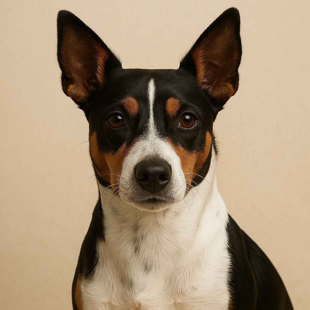 Retrato frontal de un Decker Rat Terrier de pelaje tricolor y orejas erguidas