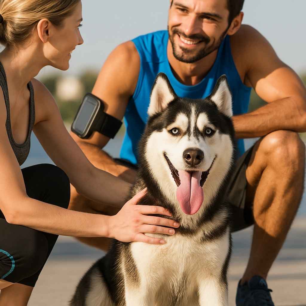 Pareja deportista junto a un perro husky feliz después de correr por la ciudad – Running con perros en 2025 | MundoDog.es