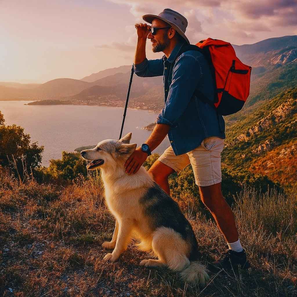 Hombre haciendo senderismo con su perro en la montaña durante el atardecer - MundoDog.es