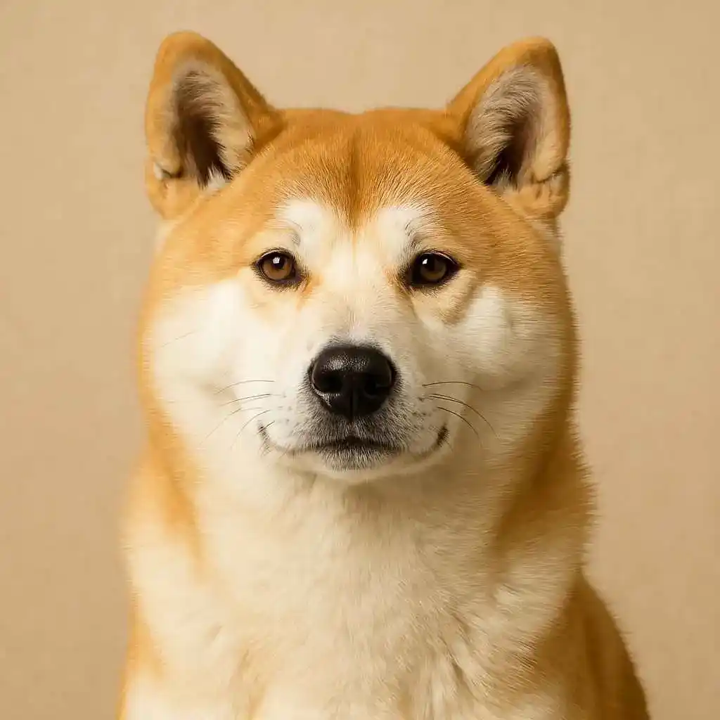 Retrato frontal de un perro Shiba Inu con pelaje dorado claro y expresión tranquila