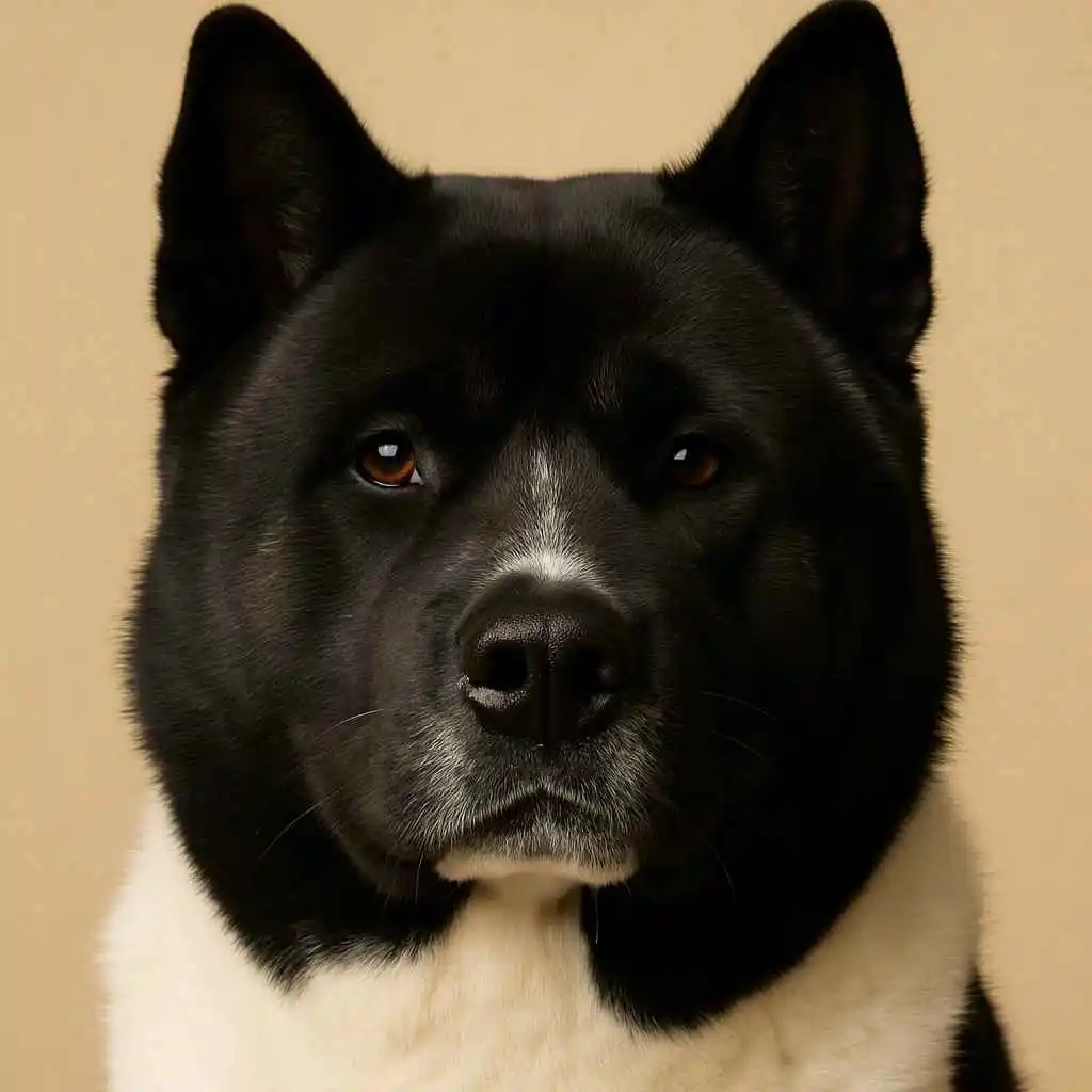 Primer plano de un Akita americano con expresión serena, pelaje negro y blanco, sobre fondo neutro.