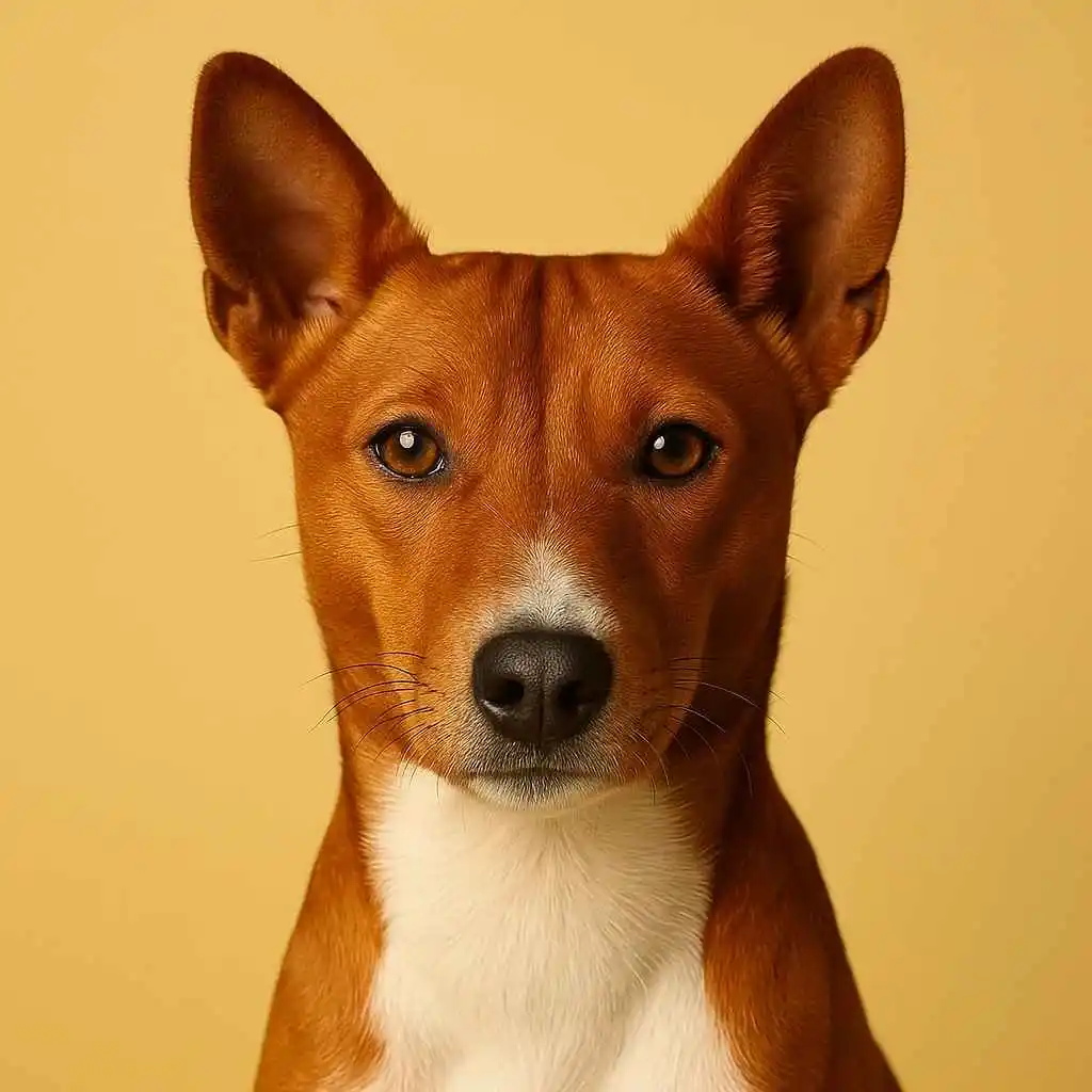 Primer plano de un perro Basenji con fondo neutro, ideal como imagen destacada para artículo de raza canina