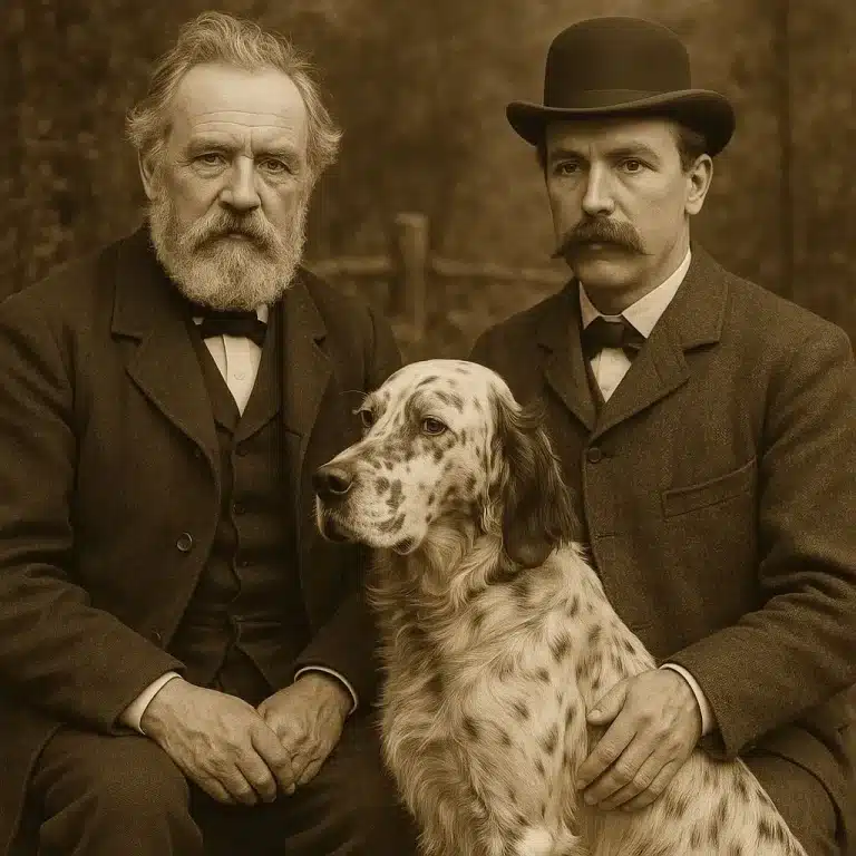 Imagen antigua de los creadores de la raza Setter Inglés junto a uno de los primeros ejemplares, parte de la historia canina documentada en www.mundodog.es