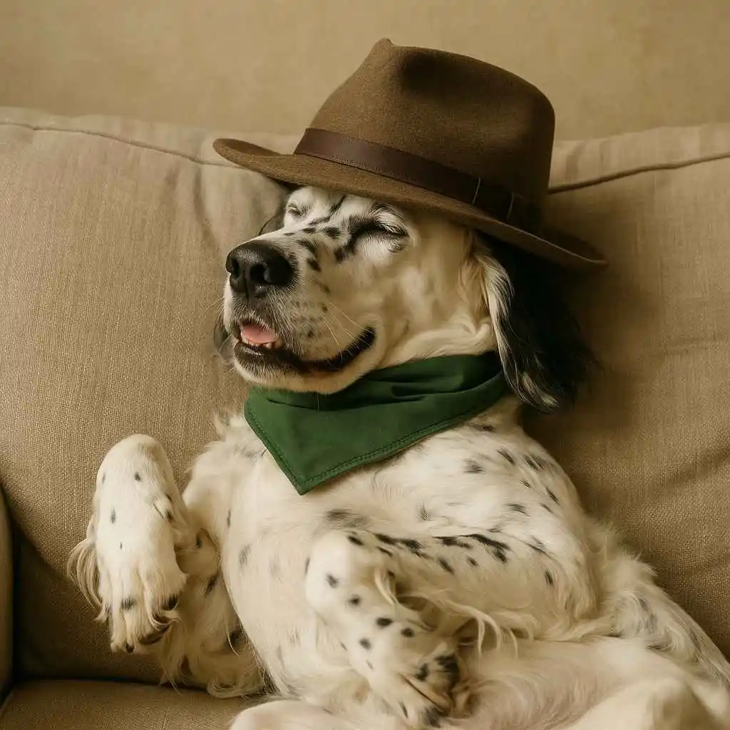 Setter Inglés recostado en un sofá con sombrero y pañuelo verde, representando su lado simpático y relajado. Imagen curiosa destacada en www.mundodog.es