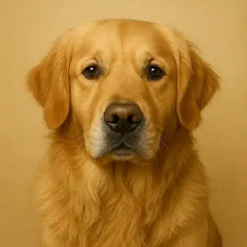 Retrato frontal de un Golden Retriever adulto sobre fondo beige, destacando su expresión noble y mirada serena