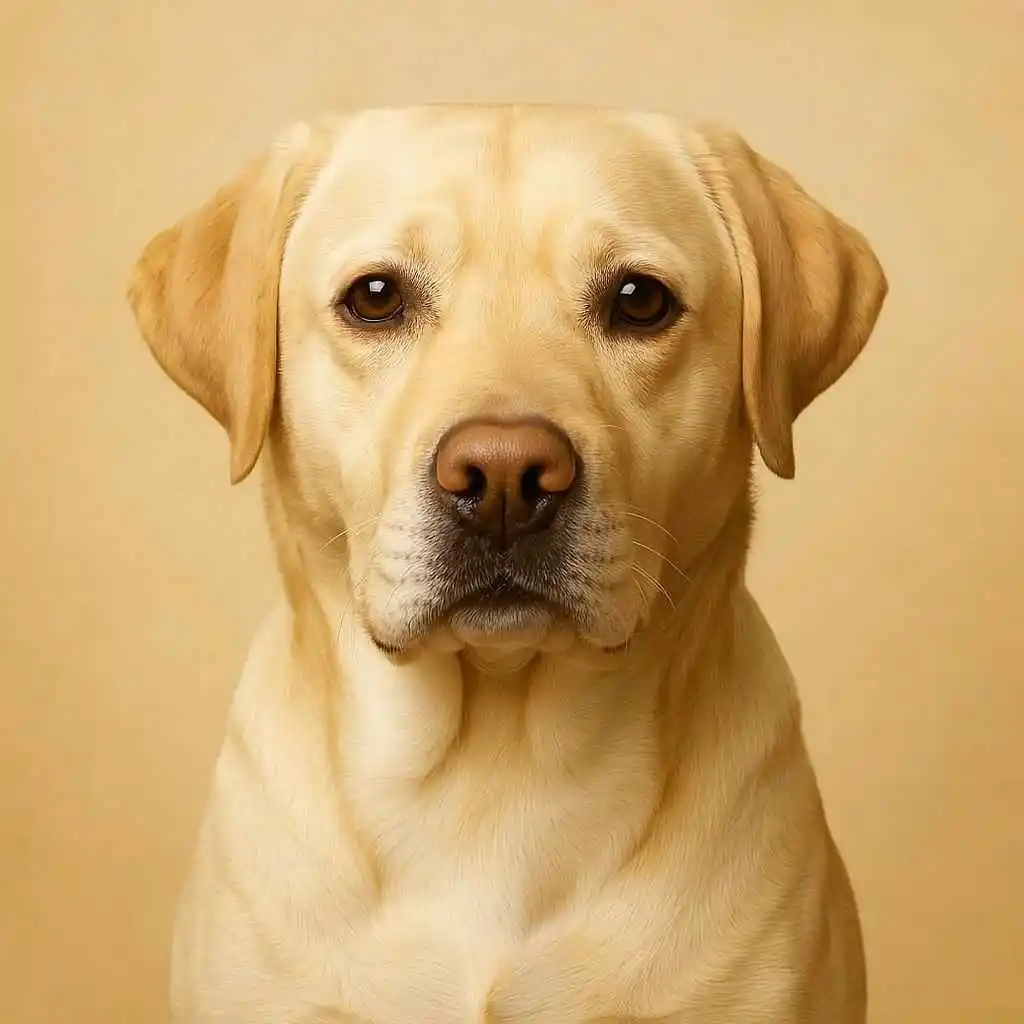 Retrato frontal de un Labrador Retriever de pelaje amarillo con mirada tranquila y fondo beige