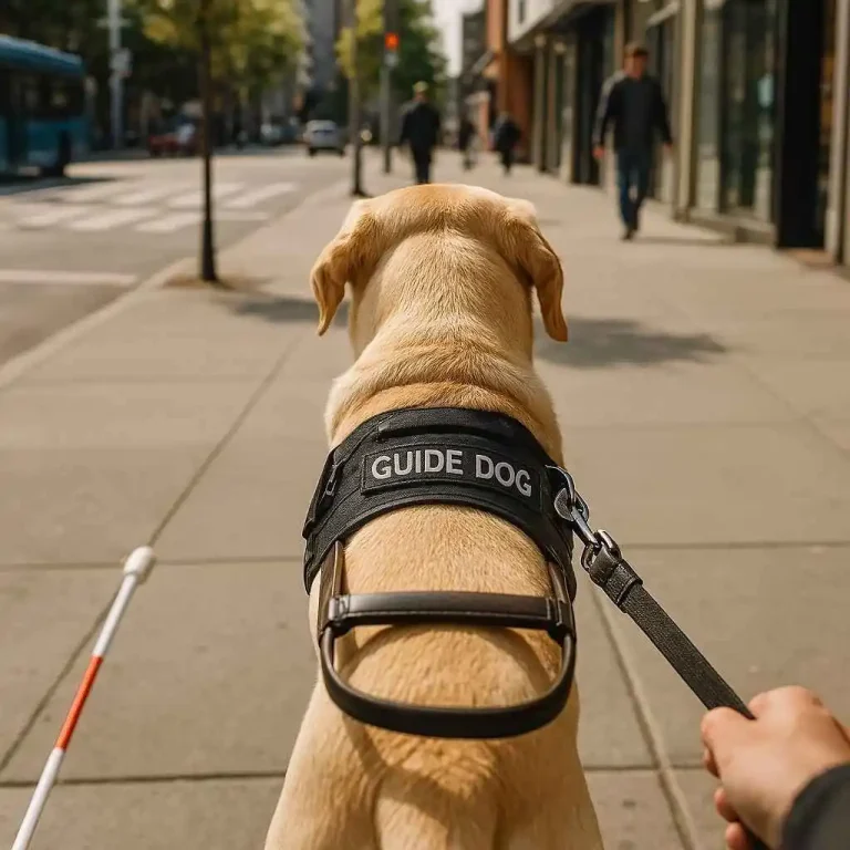Labrador Retriever actuando como perro guía para una persona ciega en una ciudad, equipado con arnés de asistencia.
