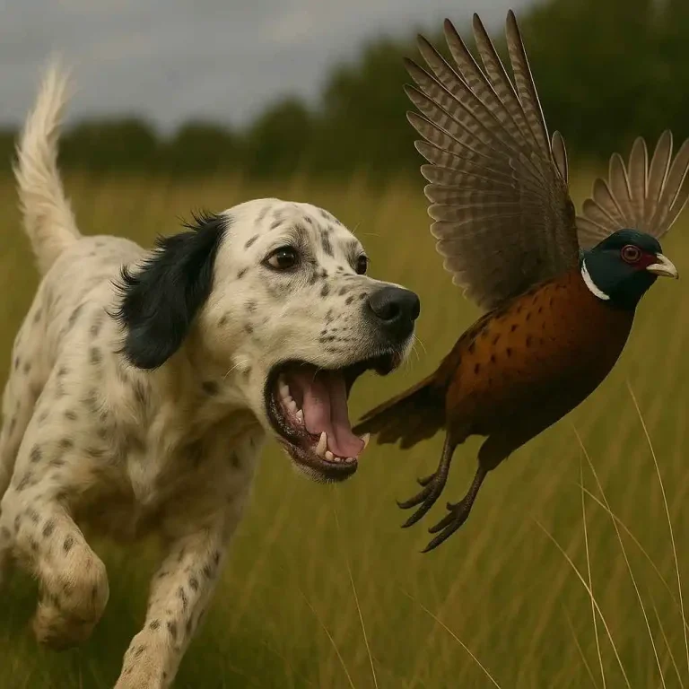 Perro de raza Setter Inglés persiguiendo un faisán en campo abierto, imagen histórica sobre su origen como perro de caza