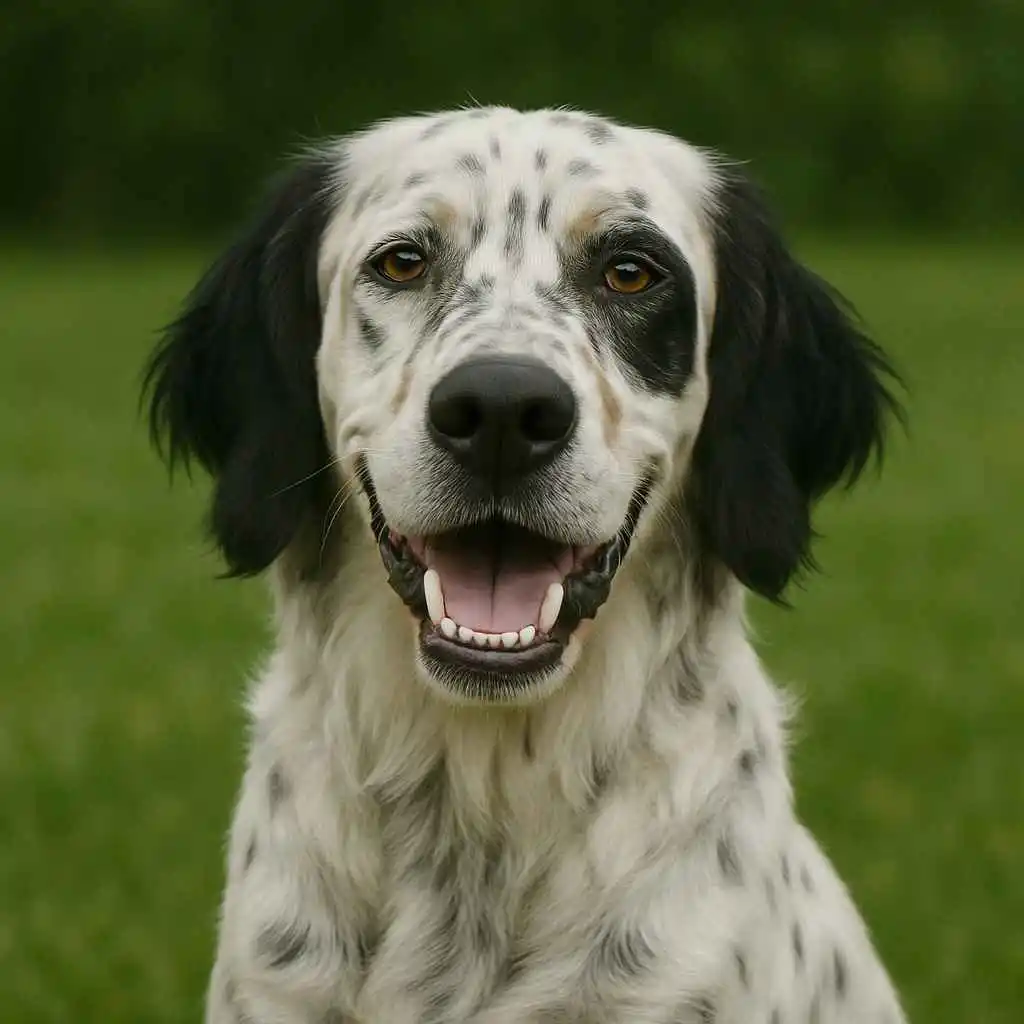 Primer plano de un Setter Inglés feliz, destacando su carácter amistoso, equilibrado y sociable. Imagen representativa de su temperamento en www.mundodog.es