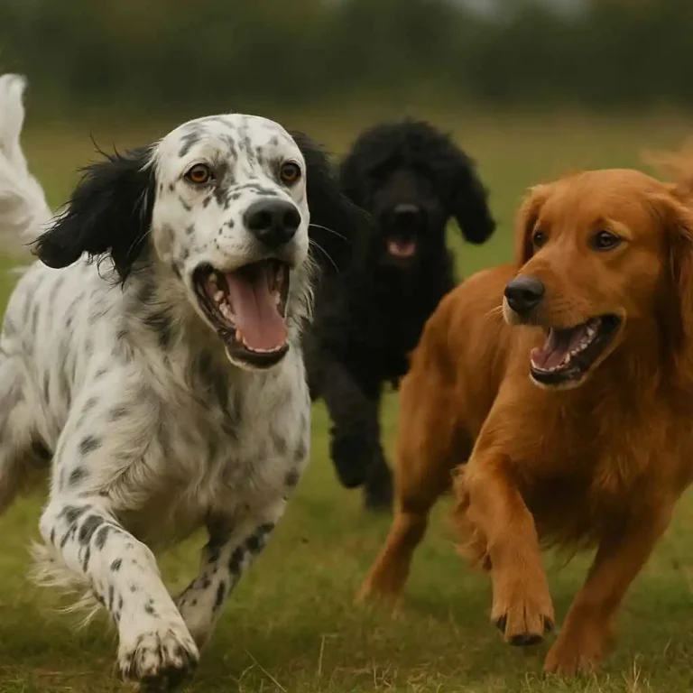Setter Inglés moderno corriendo junto a un Golden Retriever y un perro de agua, mostrando su energía y evolución actual como perro de caza en www.mundodog.es