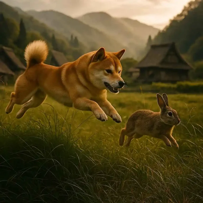 Shiba Inu cazando un conejo en una pradera japonesa, demostrando su instinto natural de caza menor.