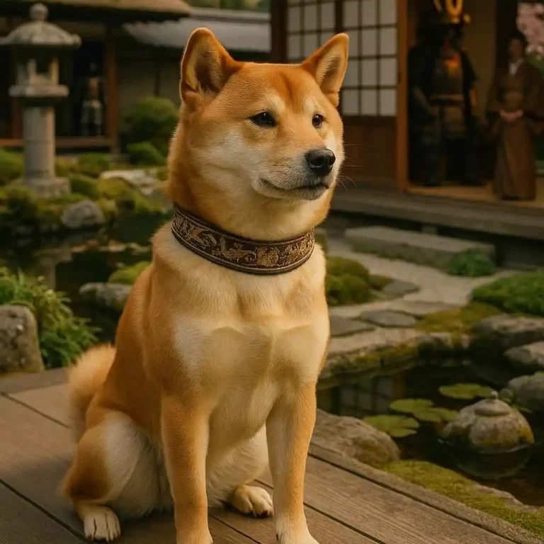 Shiba Inu sentado en un jardín japonés tradicional, raza originaria de Japón con gran valor histórico.