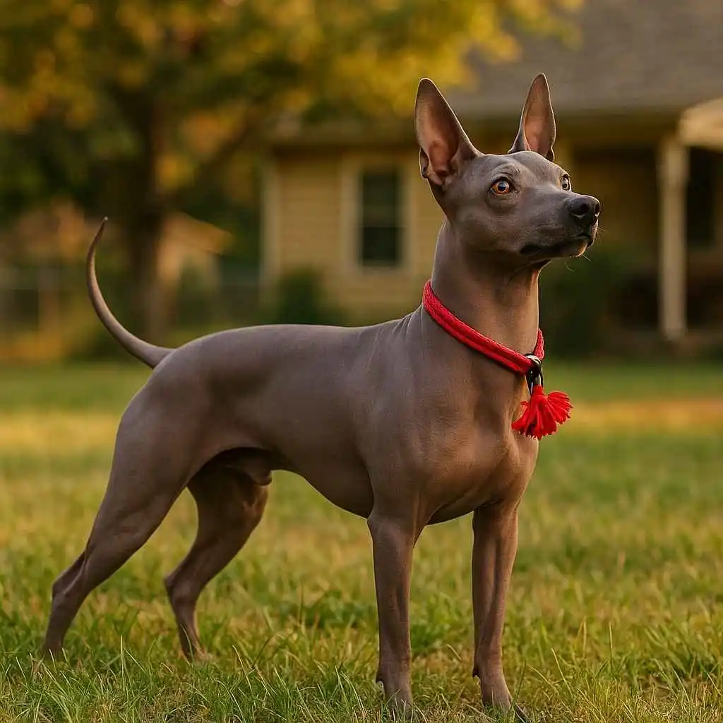 American Hairless Terrier de color gris oscuro con collar rojo, mostrando su cuerpo atlético y sin pelo. Imagen de MundoDog.es
